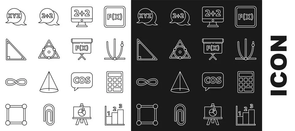 Set line Graph, schedule, chart, diagram, Triangle math, Ringing bell, Chalkb Stock Illustration