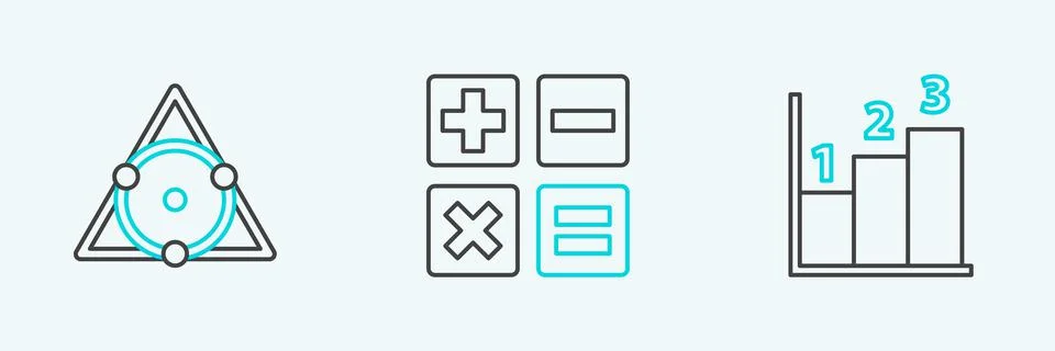 Set line Graph, schedule, chart, diagram, Triangle math and Calculator icon 스톡 일러스트