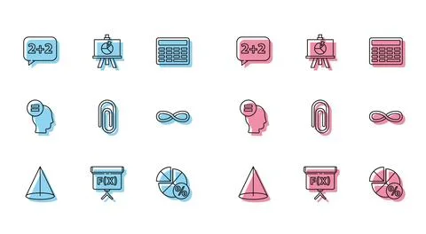 Set line Graph, schedule, chart, diagram, Geometric figure Cube, Equation Illustrazione stock