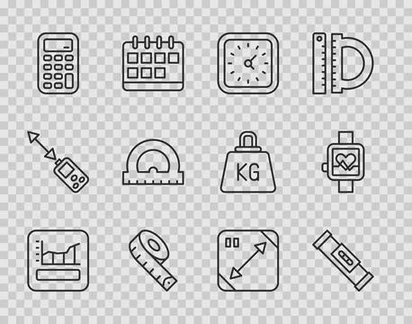 Set line Graph, schedule, chart, diagram, Construction bubble level, Clock,.. Stock Illustration