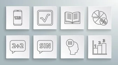 Set line Graph, schedule, chart, diagram, Open book, Human brain, Test or e.. Stock Illustration
