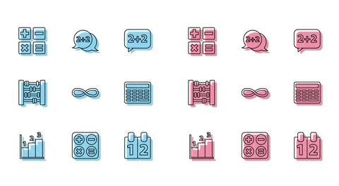 Set line Graph, schedule, chart, diagram, Square root, Feather and inkwell,.. Illustrazione stock