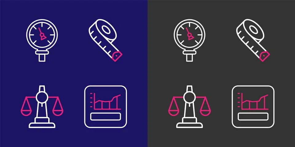 Set line Graph, schedule, chart, diagram, Scales of justice, Measuring tape.. 스톡 일러스트