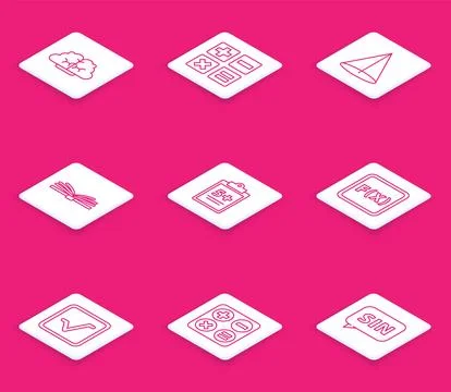 Set line Graph, schedule, chart, diagram, Feather and inkwell, Mobile calcu.. Stockillustratie