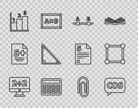 Set line Graph, schedule, chart, diagram, Tablet with calculator, Test exam.. Stock Illustration