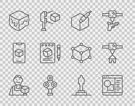 Set line Graphic designer, 3D printer software, 3d pen tool, scanner, Isometric Ilustração Stock