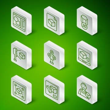 Set line Graphic designer, 3D printer, software, scanner, with cube, Isomet.. Ilustração Stock