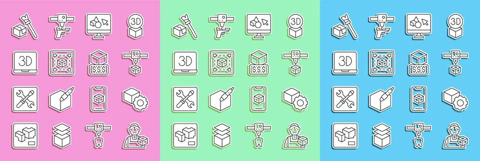 Set line Graphic designer, Isometric cube, 3D printer, software, Geometric Stock Illustration