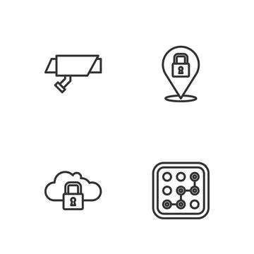 Set line Graphic password protection, Cloud computing lock, Security camera and 스톡 일러스트