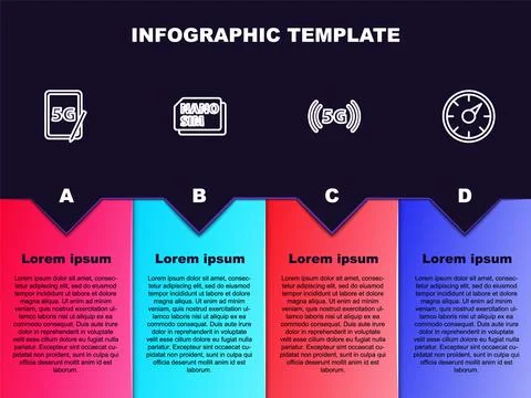 Set line Graphic tablet with 5G, Nano Sim Card, network and Digital speed meter Stock Illustration