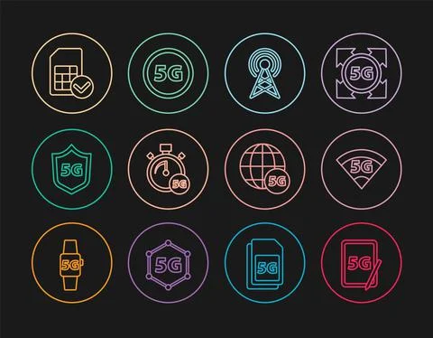 Set line Graphic tablet with 5G, network, Antenna, Digital speed meter Stock Illustration