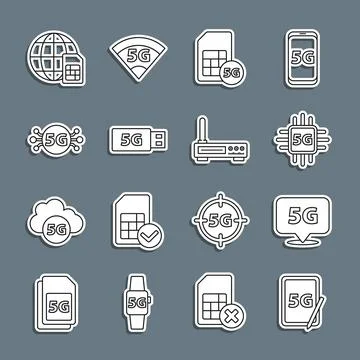 Set line Graphic tablet with 5G, Location network, Processor, Sim Card, mod.. Stock Illustration