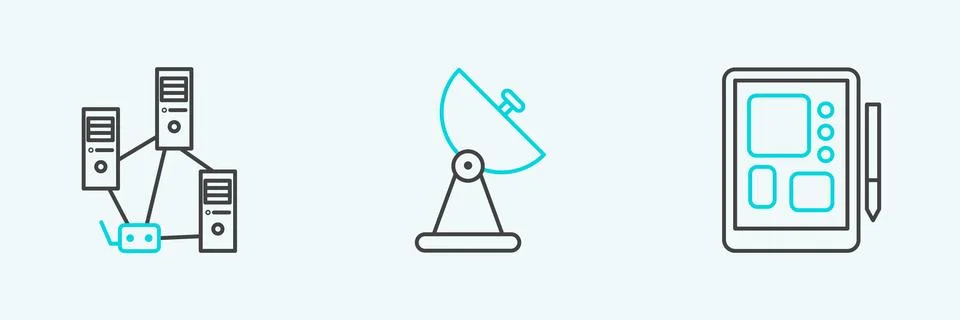 Set line Graphic tablet, Computer network and Radar icon. Vector Stock Illustration