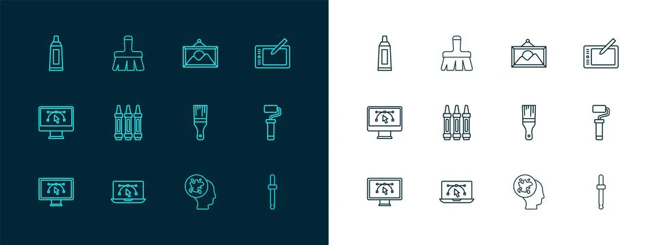 Set line Graphic tablet Computer with design program Paint brush spray Wax cr Stock Illustration