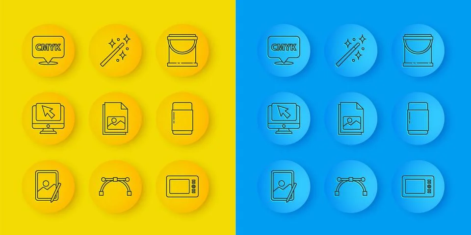 Set line Graphic tablet, Computer monitor and cursor, Picture landscape, Er.. Illustrazione stock