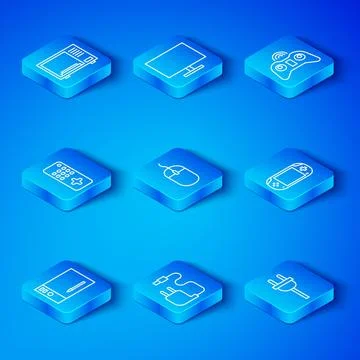 Set line Graphic tablet, Computer mouse, Charger, Portable video game conso.. Stock Illustration