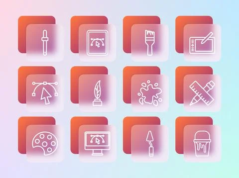 Set line Graphic tablet, Computer with design program, Paint spray, Palette.. Stock Illustration