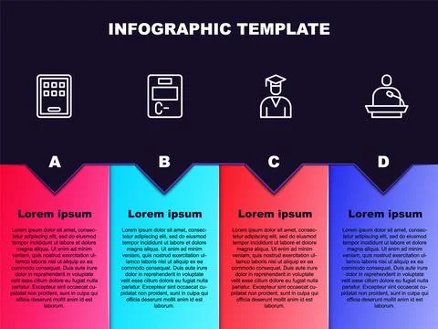 Set line Graphic tablet, Exam paper with incorrect answers, Graduate and Illustrazione stock