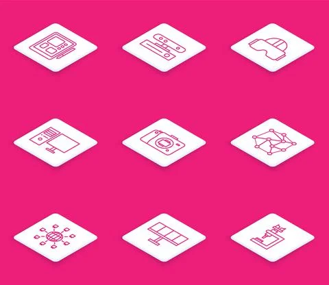 Set line Graphic tablet, Motion sensor, Virtual reality glasses, Computer Illustrazione stock