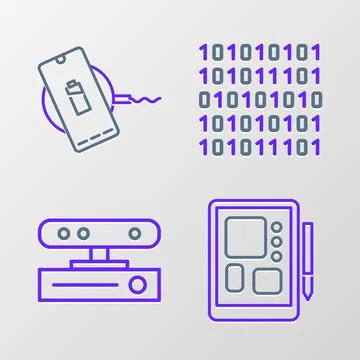 Set line Graphic tablet, Motion sensor, Binary code and Wireless charger icon Stock Illustration