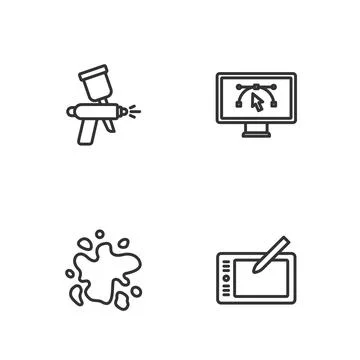 Set line Graphic tablet, Paint spray, gun and Computer with design program .. Stock Illustration