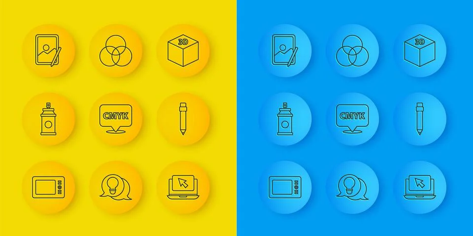 Set line Graphic tablet, Paint spray can, Speech bubble with text CMYK, Lap.. Stock Illustration