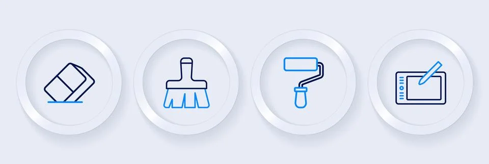 Set line Graphic tablet, Paint roller brush,  and Eraser or rubber icon. Vect Illustrazione stock