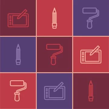 Set line Graphic tablet, Paint roller brush and Pencil with eraser icon. Vect Stock Illustration