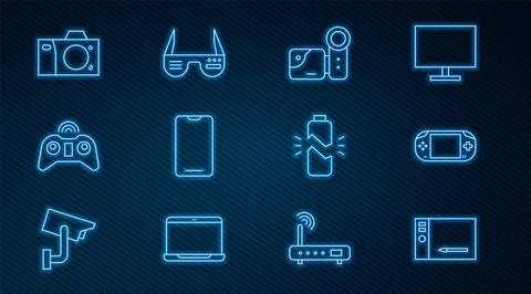 Set line Graphic tablet, Portable video game console, Cinema camera, Smartp.. Stock Illustration