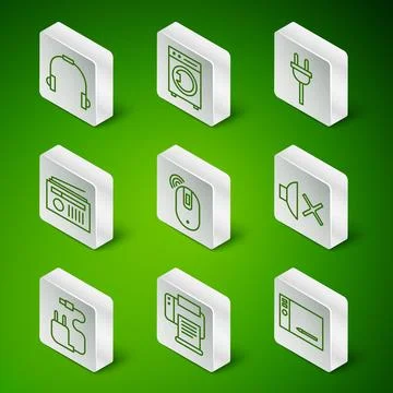 Set line Graphic tablet, Printer, Headphones, Wireless computer mouse, Radio Stock Illustration