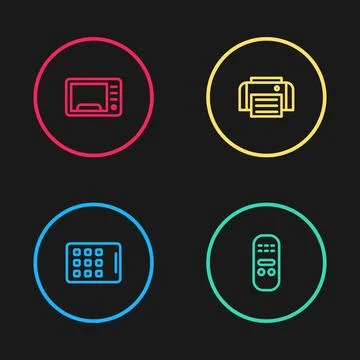 Set line Graphic tablet, Remote control, Printer and Microwave oven icon. Vector Illustrazione stock