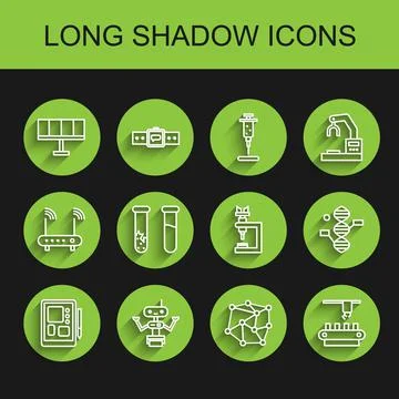 Set line Graphic tablet, Robot, Solar energy panel, Neural network, Factory Stock Illustration