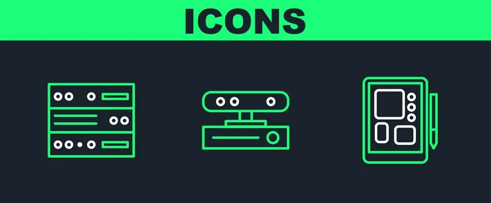 Set line Graphic tablet, Server, Data, Web Hosting and Motion sensor icon Illustrazione stock