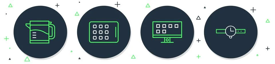 Set line Graphic tablet, Smart Tv, Electric kettle and Wrist watch icon. Vect Stock Illustration