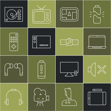 Set line Graphic tablet, Speaker mute, Laptop, Gps device with map, Remote .. Stock Illustration