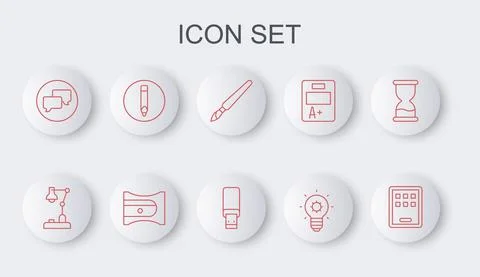 Set line Graphic tablet, Table lamp, Paint brush, Light bulb, Speech bubble chat Illustrazione stock