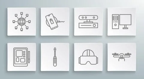 Set line Graphic tablet, Wireless charger, Screwdriver, Virtual reality gla.. Stock Illustration