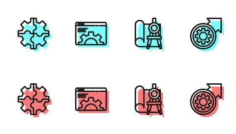 Set line Graphing paper and compass, Gear, Browser setting and arrows workflow Stock Illustration
