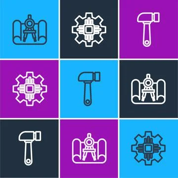 Set line Graphing paper and compass, Hammer and Processor icon. Vector イラスト素材