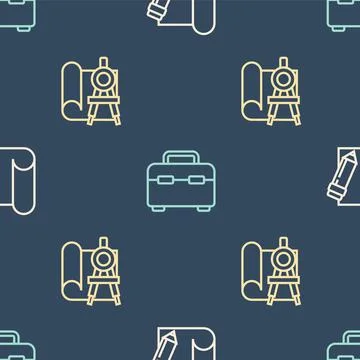 Set line Graphing paper and pencil, compass and Toolbox on seamless pattern Stock Illustration