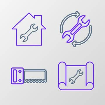 Set line Graphing paper and wrench, Hand saw, Wrench arrows as workflow and Illustrazione stock