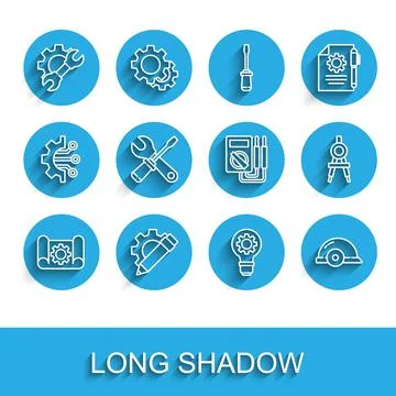 Set line Graphing paper and gear, Pencil, Wrench spanner, Light bulb, Worker  Stock Illustration