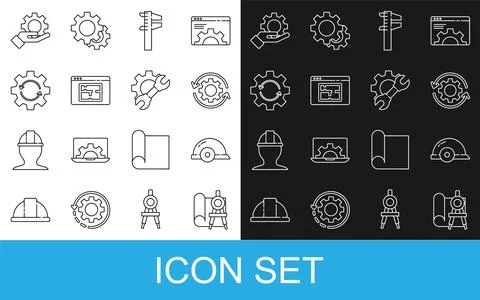Set line Graphing paper and compass, Worker safety helmet, Gear arrows workflow Stock Illustration