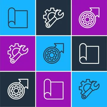Set line Graphing paper for engineering, Gear and arrows as workflow process and イラスト素材