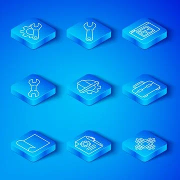 Set line Graphing paper for engineering, Worker safety helmet and gear, Document Illustrazione stock