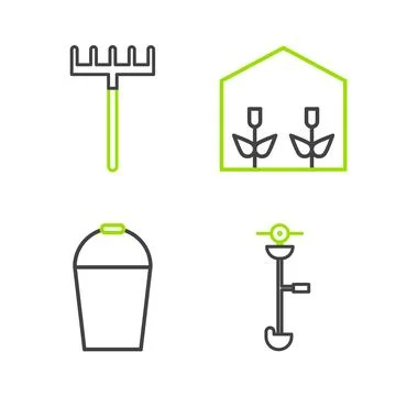 Set line Grass and weed electric string trimmer, Bucket, Home greenhouse plants Ilustración de archivo