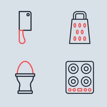 Set line Grater, Chicken egg on stand, Gas stove and Meat chopper icon. Vecto Illustrazione stock