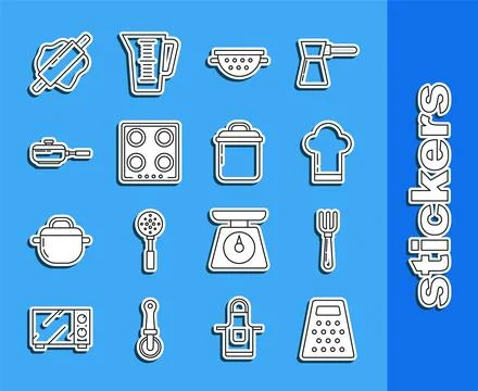 Set line Grater, Fork, Chef hat, Kitchen colander, Gas stove, Frying pan, R.. Stock Illustration