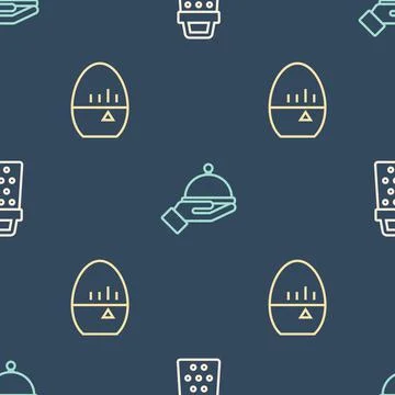 Set line Grater, Kitchen timer and Covered with tray on seamless pattern. Vector Stockillustratie