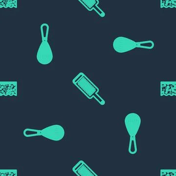Set line Grater, Kitchen whisk and Sponge with bubbles on seamless pattern Illustrazione stock